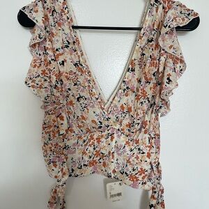 Free People Cream Wrap Blouse with Ruffled Sleeves